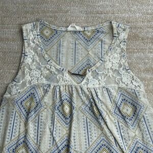 Ember Missy Women Blue Gold Geometric Lace Accent Sleeveless Blouse MSBT4497MT M